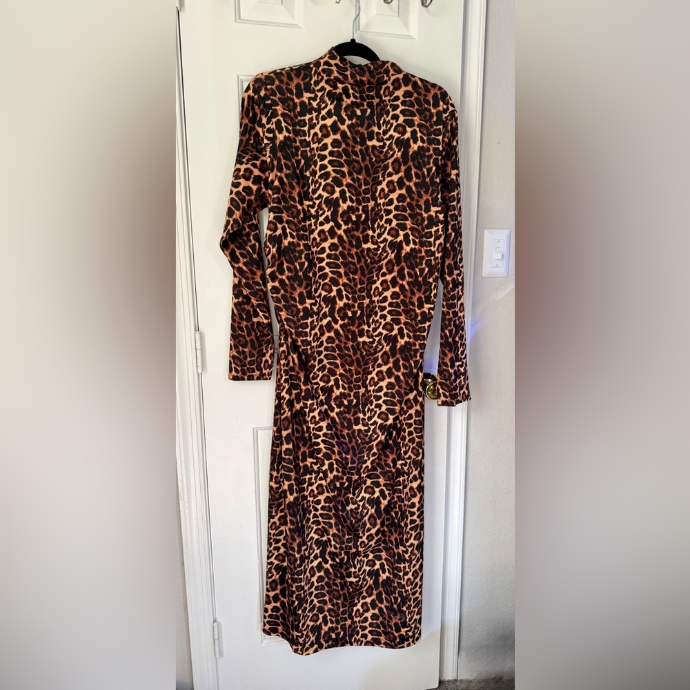 Fashion Nova Brown Leopard Print Long Sleeve Midi Dress